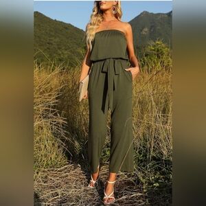 Zesica Elegant Olive Green Strapless Jumpsuit Large Hardly Worn